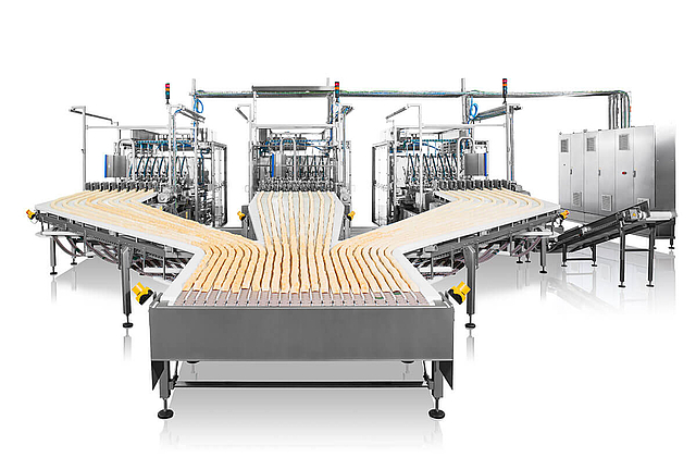 Auf mehreren Bahnen laufen die Stapelchips in der Stapelchipsanlage zusammen 