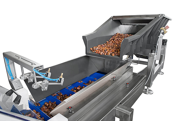 Small-sized products are transported in the feeding and distribution system