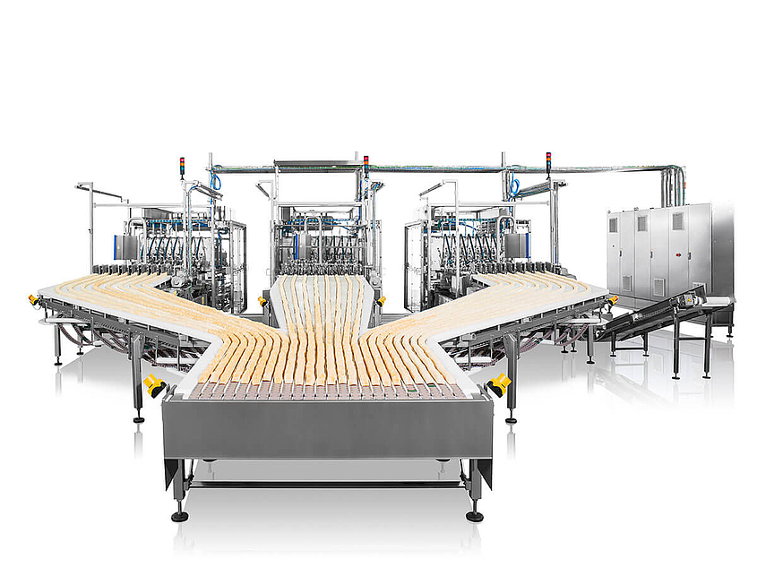 Stackable chips converge on several conveyor belts in the stacking chip system