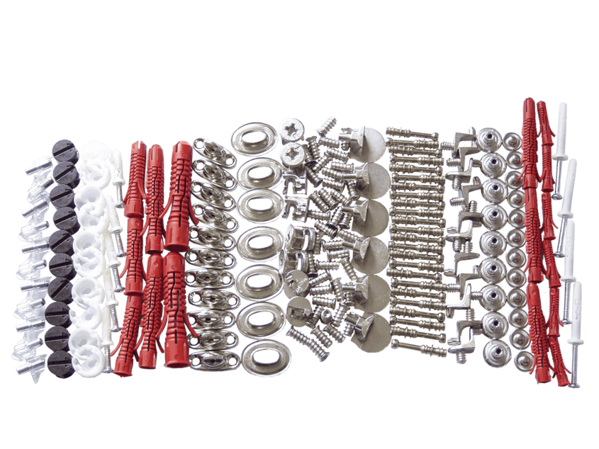 Assortment of screws, dowels, washers, and metal fasteners