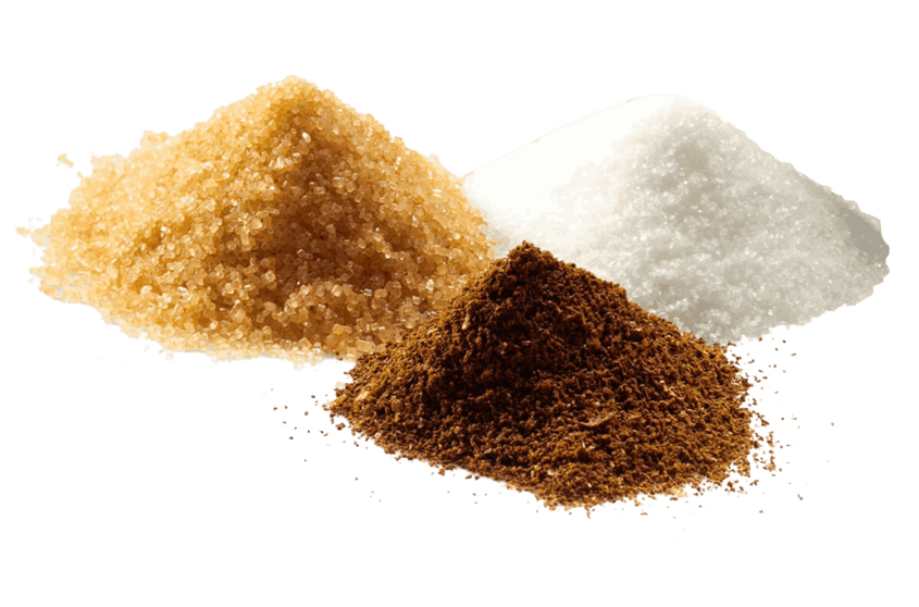 Brown sugar, white sugar, and ground spices in small piles