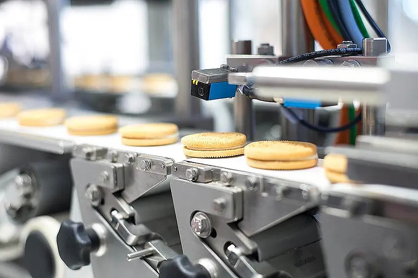 Sistemas de envasado para pesar y contar galletas Las galletas dobles con relleno blanco se transportan individualmente en una cinta transportadora.